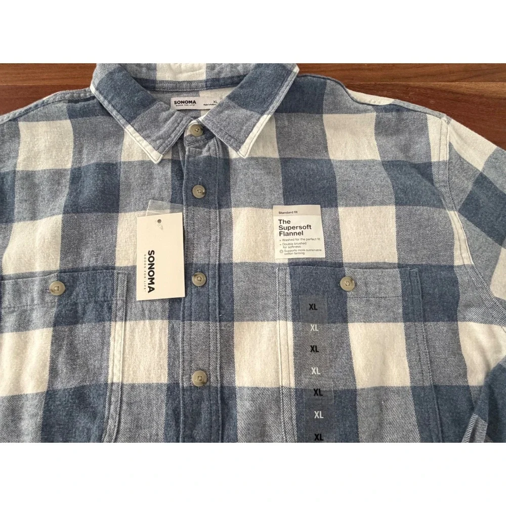 Sonoma Supersoft Flannel Shirt Mens XL Blue White Buffalo Plaid MS33W120RN7 NEW